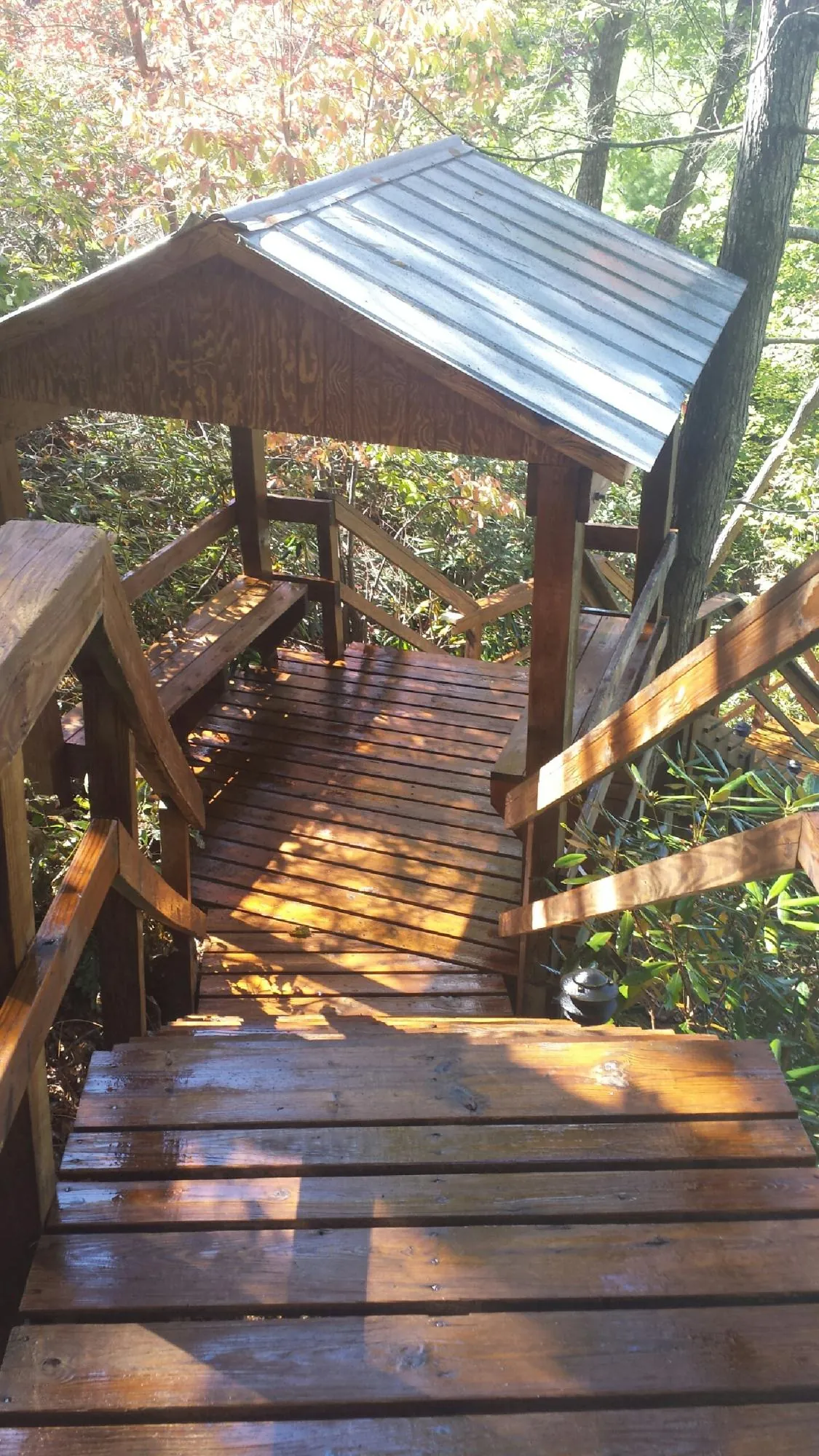 Freshly stained wood walkway and covered shelter with a metal roof in Henry